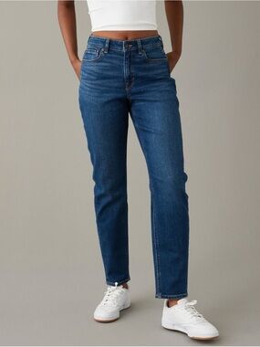 American Eagle Medium Blue Classic Stretch High Rise Straight Mom Jeans Long
